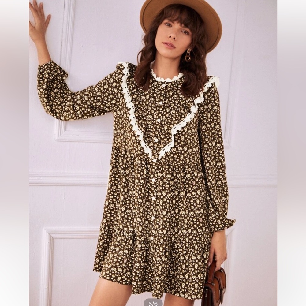 SHEIN mini long sleeve floral print dress in brown